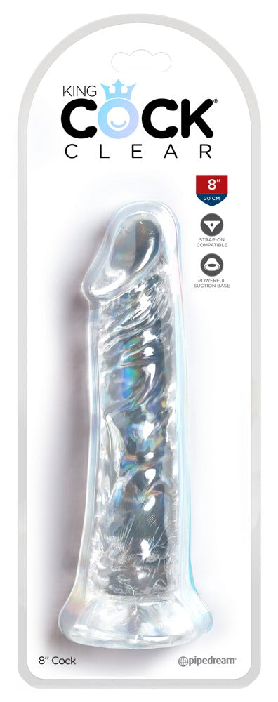 King Cock Clear Realistic Dildo mit Saugfuß in transparenter Ausführung, dargestellt in der länglichen Originalverpackung mit King Cock Markenlogo – erhältlich bei Evoria Care
