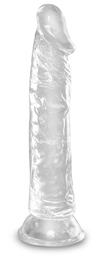 King Cock Clear Realistic Dildo in transparenter Ausführung mit anatomisch geformter Eichel, strukturierter Oberfläche und rundem Saugfuß in aufrechter Frontansicht – erhältlich bei Evoria Care