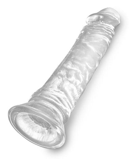 King Cock Clear Realistic Dildo in transparenter Ausführung mit strukturierter Schaftoberfläche und rundem Saugfuß in schräger Seitenansicht – erhältlich bei Evoria Care