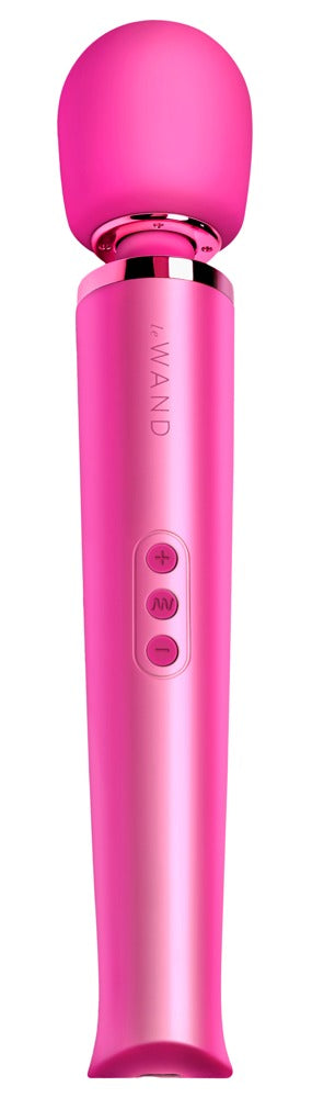 le WAND Original Premium-Wand Massager in kräftigem Pink mit rundem Massagekopf, metallischem Zierring und sichtbaren Bedientasten in aufrechter Frontansicht – erhältlich bei Evoria Care