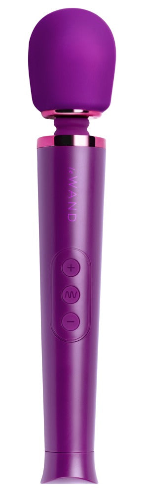 le WAND Petite Wand Massager in metallischem Violett mit rundem Massagekopf, schlankem Griff und sichtbaren Bedientasten in aufrechter Frontansicht – erhältlich bei Evoria Care