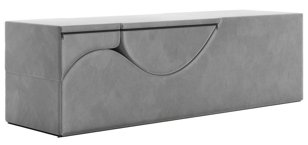 Liberator Aria Flip Chaise – graue Premium-Sexlounge in rechteckig zusammengeklappter Form mit sichtbarer Trennlinie zwischen den Polsterelementen und weichem Stoffbezug in seitlicher Ansicht auf weißem Hintergrund – erhältlich bei Evoria Care