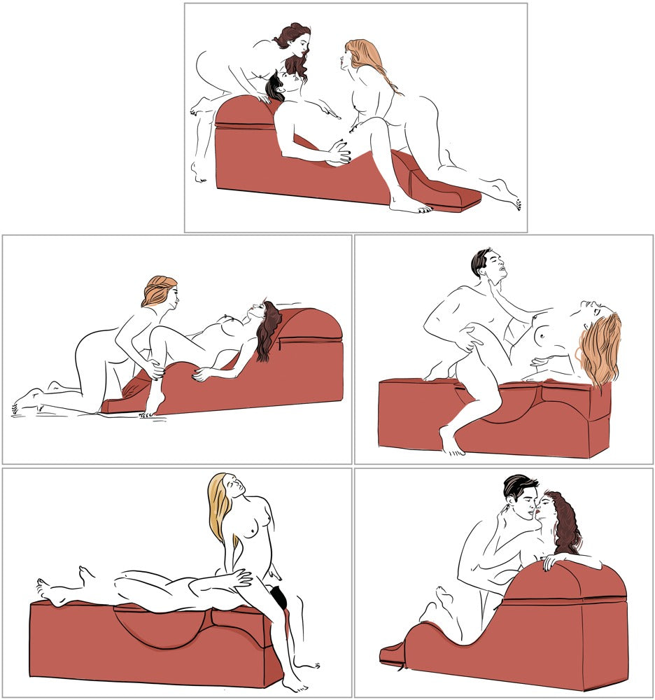 Liberator Aria Flip Chaise – bebilderte Informationsgrafik mit mehreren Anwendungsmöglichkeiten und unterschiedlichen Liegepositionen auf der geschwungenen Premium-Sexlounge – erhältlich bei Evoria Care