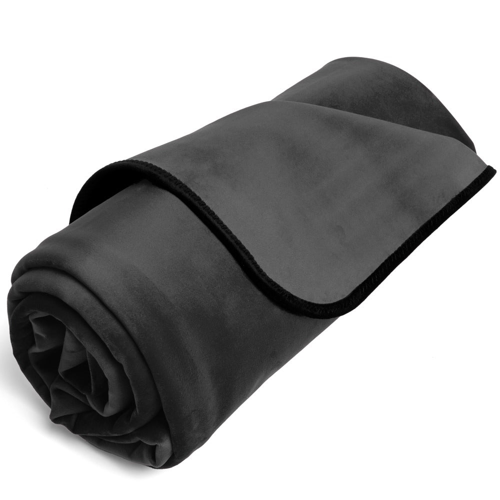 Liberator Fascinator Throw – schwarze Premium-Liebesdecke mit Feuchtigkeitsschutz, kompakt zusammengerollt mit sichtbarer Stoffstruktur und umgeschlagener Kante auf weißem Hintergrund – erhältlich bei Evoria Care