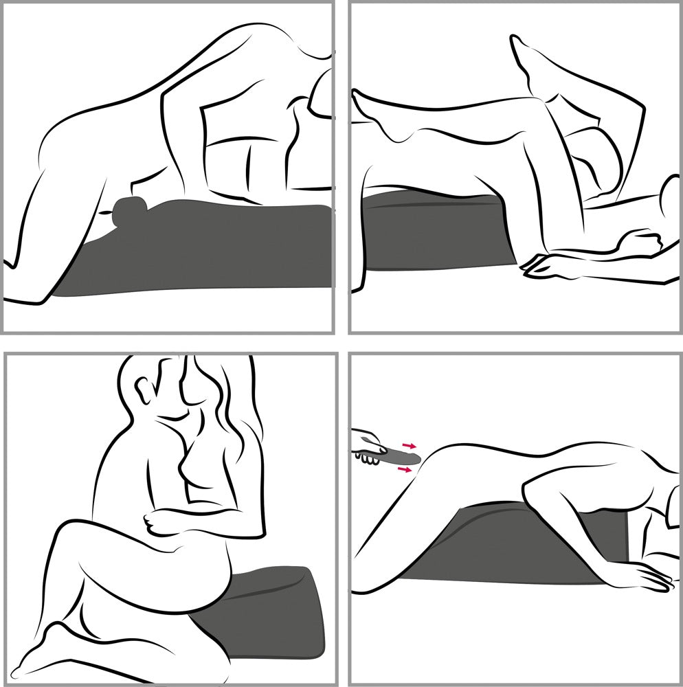 Liberator Mount on a Mission Sexkissen für handfreie Stimulation, schwarz-weiße Illustrationsgrafik mit vier schematischen Anwendungsmöglichkeiten und unterschiedlichen Positionierungen des ergonomischen Kissens – erhältlich bei Evoria Care