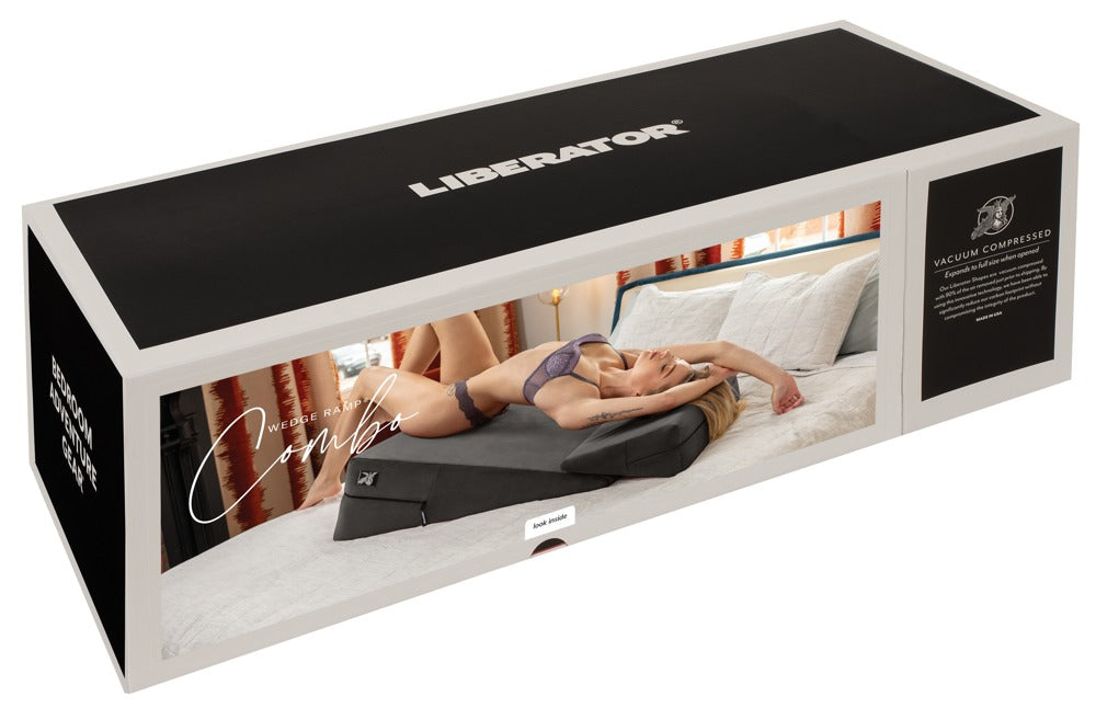 Liberator Wedge/Ramp Combo Sexkissen-Set in Schwarz, dargestellt auf der schwarzen Originalverpackung mit Abbildung der ergonomischen Positionierungskissen und Liberator Markenlogo – erhältlich bei Evoria Care