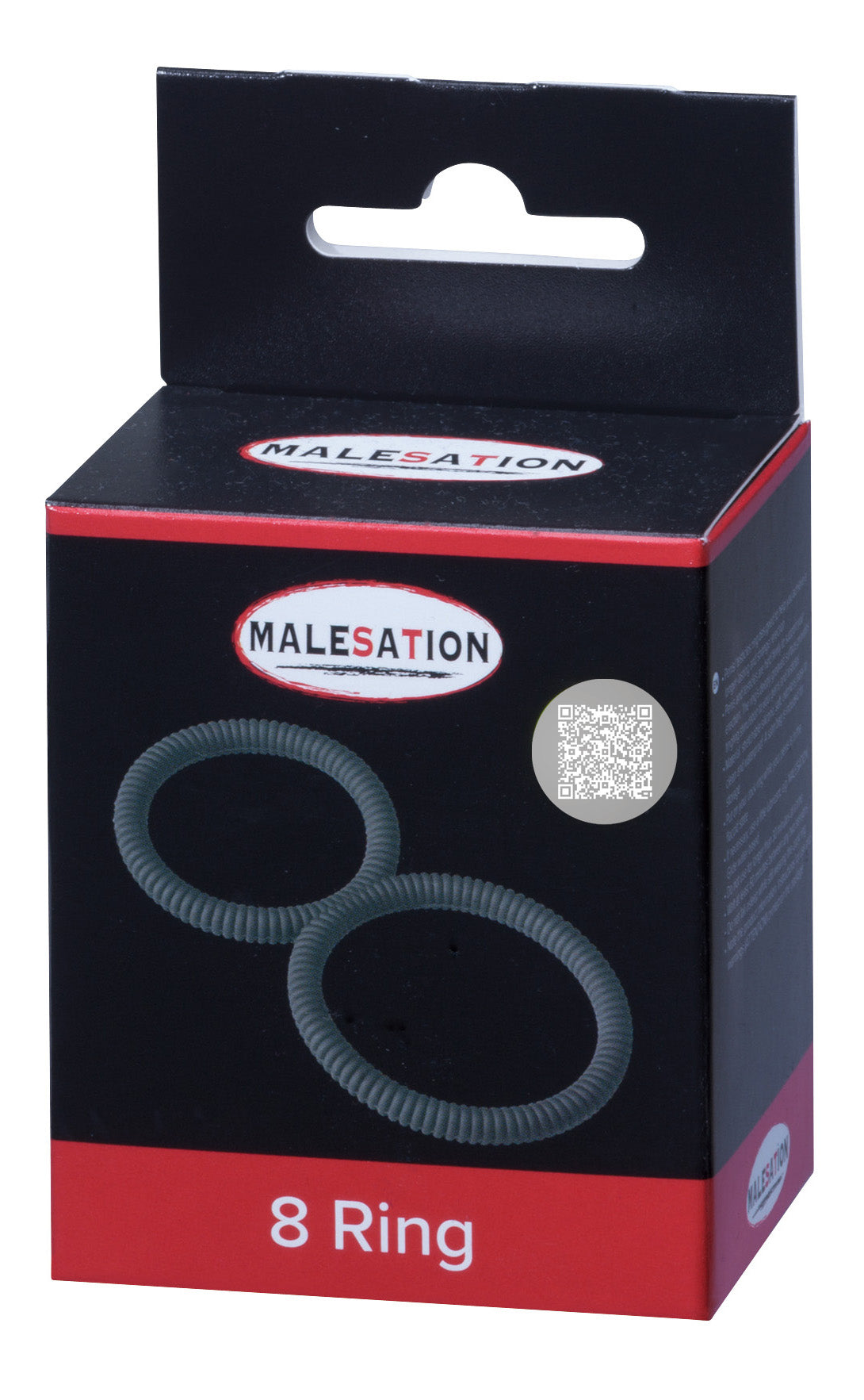 MALESATION 8 Ring – schwarz-rote Originalverpackung des ergonomischen Doppel-Penisrings aus Silikon mit Produktabbildung, MALESATION Markenlogo und Modellbezeichnung 8 Ring – erhältlich bei Evoria Care