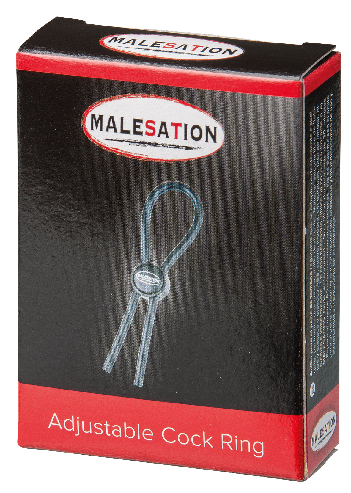 MALESATION Adjustable Cock Ring – schwarz-rote Originalverpackung des verstellbaren Silikon-Penisrings mit Produktabbildung, MALESATION Markenlogo und Modellbezeichnung Adjustable Cock Ring – erhältlich bei Evoria Care