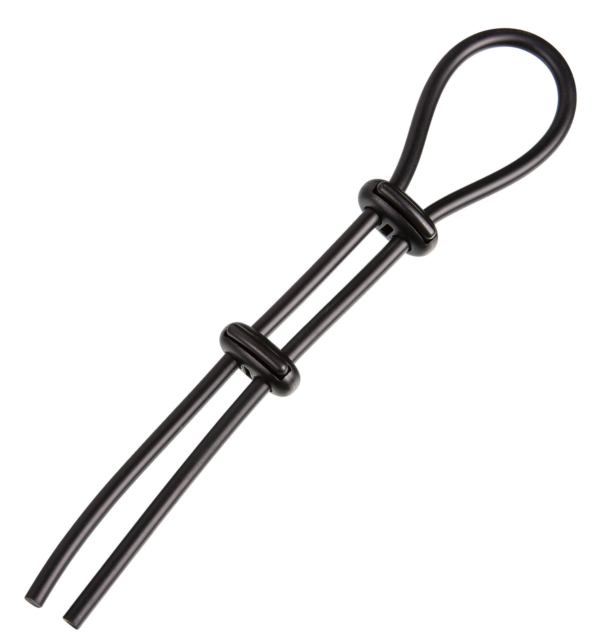 MALESATION Adjustable Cock & Testicle Ring – schwarzer verstellbarer Penis- und Hodenring aus Silikon mit zwei verbundenen Schlaufen, Schiebeverschlüssen und flexiblen Enden auf weißem Hintergrund – erhältlich bei Evoria Care