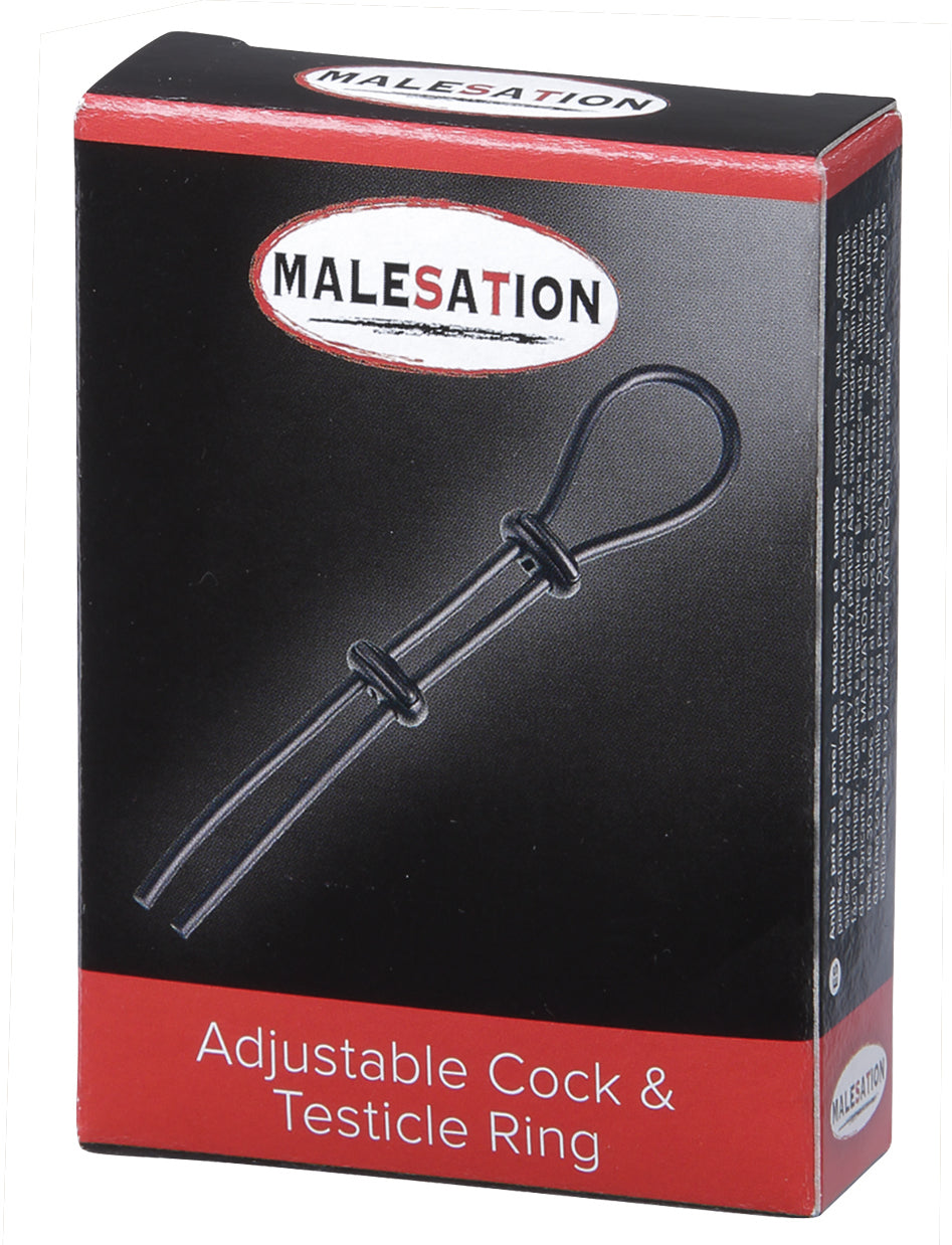 MALESATION Adjustable Cock & Testicle Ring – schwarz-rote Originalverpackung des verstellbaren Silikon-Penis- und Hodenrings mit Produktabbildung, MALESATION Markenlogo und Modellbezeichnung – erhältlich bei Evoria Care