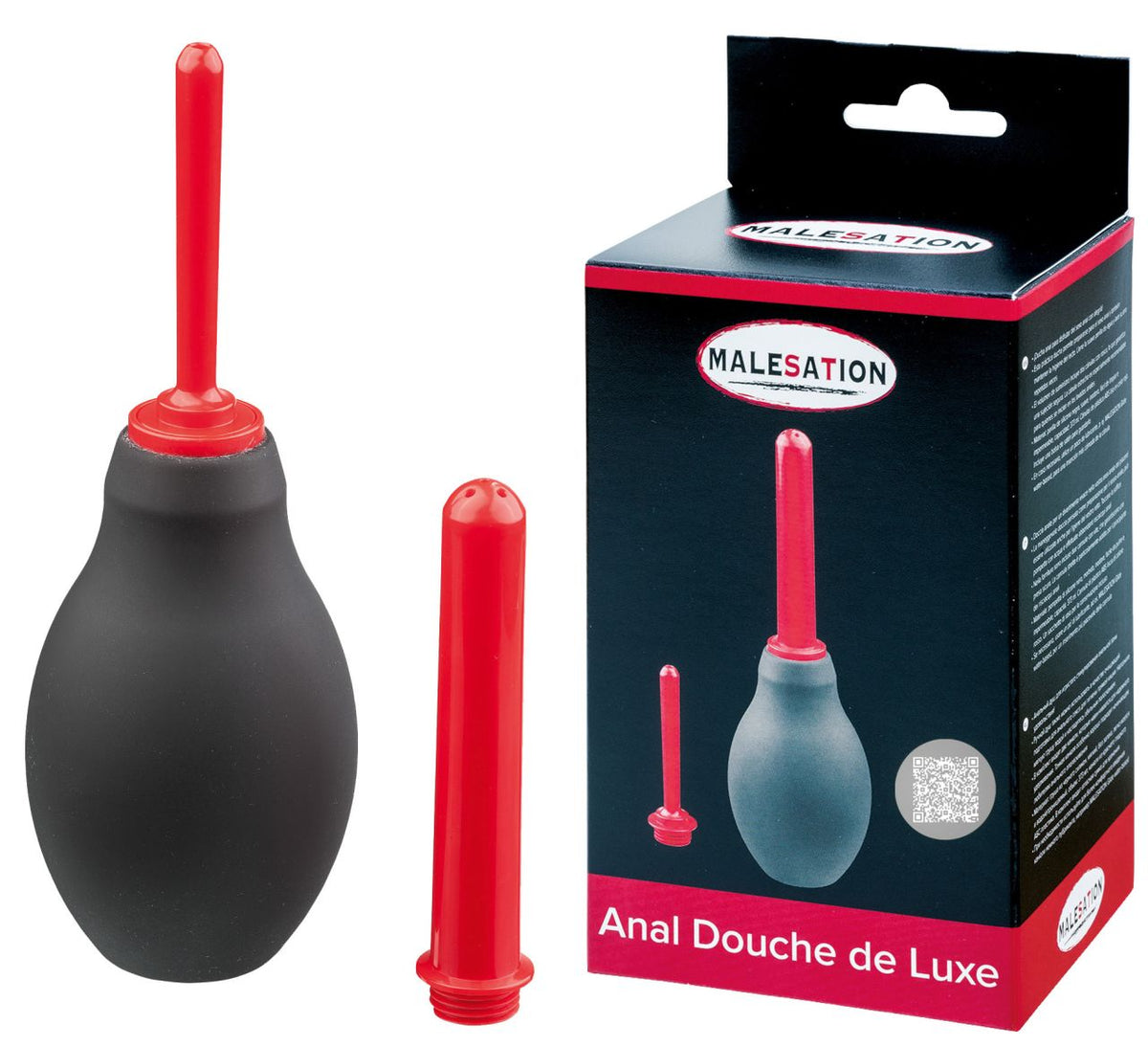 MALESATION Anal Douche de Luxe – schwarze Analdusche mit zwei roten Aufsätzen und Originalverpackung in großer Produktansicht – erhältlich bei Evoria Care