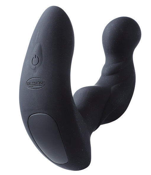 MALESATION Anal-Pleasure – schwarzer Prostatavibrator mit zwei unterschiedlich geformten Stimulationsarmen, abgerundeten Spitzen und geschwungener Silhouette in schräger Produktansicht – erhältlich bei Evoria Care