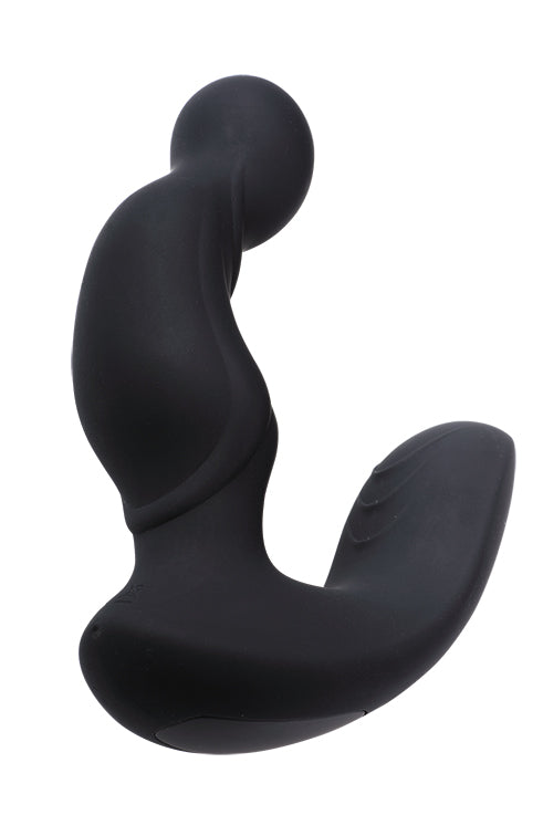 MALESATION Anal-Pleasure – seitliche Ansicht des schwarzen Prostatavibrators mit gebogenem Hauptschaft, kürzerem Stimulationsarm und ergonomisch geformter Basis – erhältlich bei Evoria Care