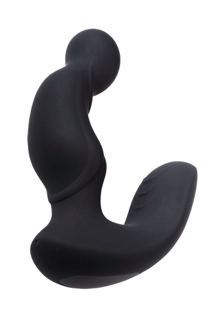 MALESATION Anal-Pleasure – seitliche Ansicht des schwarzen Prostatavibrators mit gebogenem Hauptschaft, kürzerem Stimulationsarm und ergonomisch geformter Basis – erhältlich bei Evoria Care