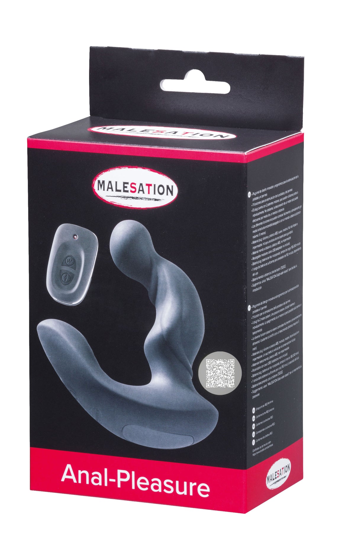 MALESATION Anal-Pleasure – schwarz-rote Originalverpackung des Prostatavibrators mit Produktabbildung, MALESATION Markenlogo und Modellbezeichnung Anal-Pleasure – erhältlich bei Evoria Care