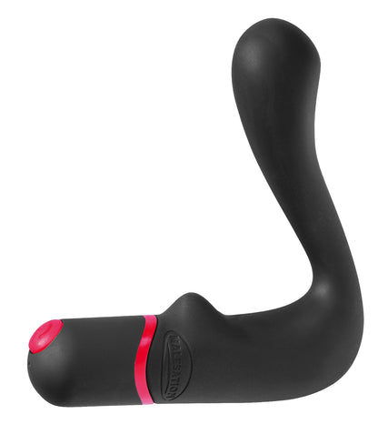 MALESATION Anal Stimulator – schwarzer Prostatavibrator mit geschwungenem Schaft, verdickter abgerundeter Spitze, breiter L-förmiger Basis und rotem Bedienelement in seitlicher Produktansicht auf weißem Hintergrund – erhältlich bei Evoria Care