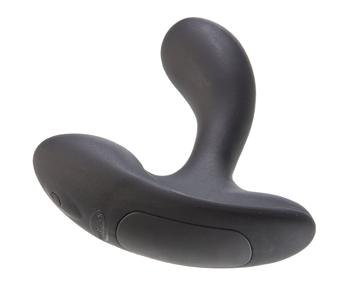 MALESATION Anal-Teaser – schwarzer Prostatavibrator mit geschwungenem Schaft, abgerundeter Spitze und seitlich abstehendem Stimulationsarm in liegender Seitenansicht – erhältlich bei Evoria Care