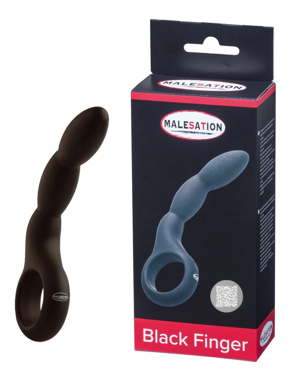 MALESATION Black Finger – schwarzer weicher Analstimulator mit ergonomisch gebogenem Schaft, abgerundeter Spitze und ringförmigem Haltegriff neben der schwarz-roten Originalverpackung – erhältlich bei Evoria Care