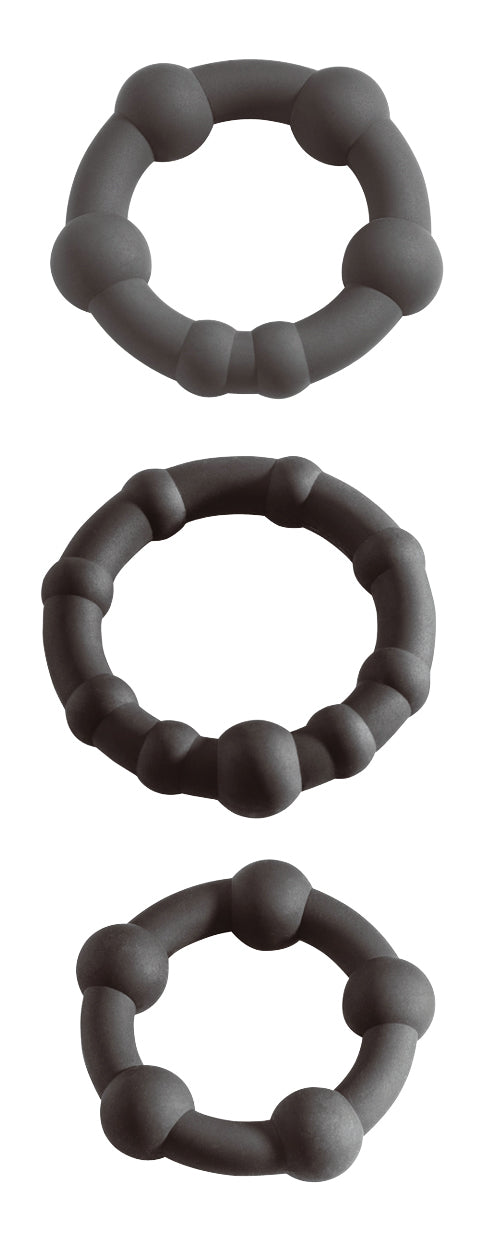 MALESATION Black Pearl Ring Set – drei schwarze Penisringe mit unterschiedlichen Ringprofilen und erhabenen Stimulationsperlen, untereinander auf weißem Hintergrund dargestellt – erhältlich bei Evoria Care