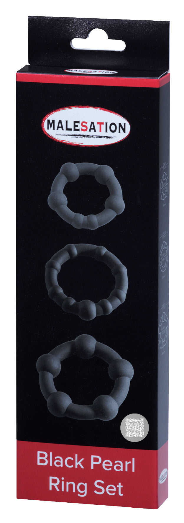 MALESATION Black Pearl Ring Set – schwarz-rote Originalverpackung mit Abbildungen der drei schwarzen Penisringe, MALESATION Markenlogo und Modellbezeichnung Black Pearl Ring Set – erhältlich bei Evoria Care