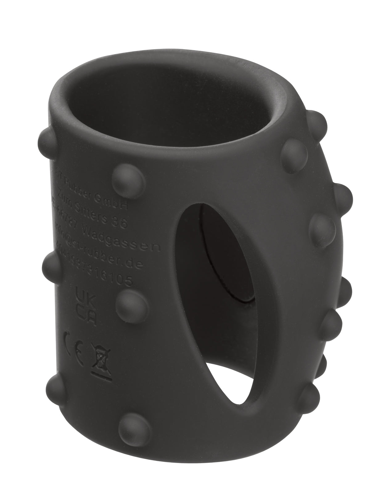 MALESATION Bristly Vibro Cuff – seitliche Ansicht der schwarzen Penismanschette mit zylindrischem Körper, glatter Grundfläche und einzeln angeordneten Reiznoppen – erhältlich bei Evoria Care
