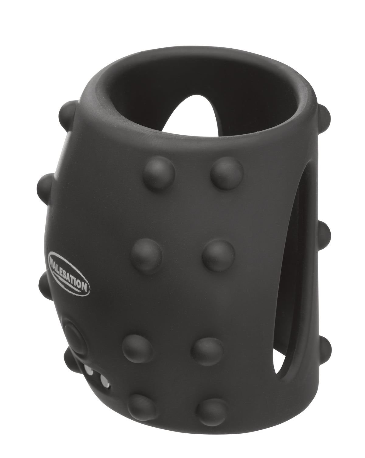 MALESATION Bristly Vibro Cuff – schwarze vibrierende Penismanschette mit runder Öffnung, mehreren erhabenen Stimulationsnoppen und strukturierter Außenfläche in schräger Produktansicht – erhältlich bei Evoria Care