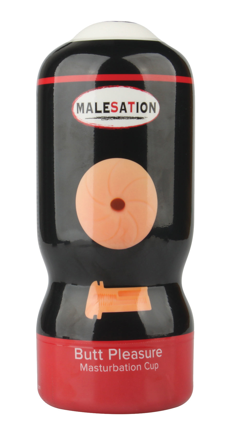 MALESATION Butt Pleasure – schwarz-rote Originalverpackung des Anal-Masturbators mit Produktabbildung, Markenlogo und Modellbezeichnung – erhältlich bei Evoria Care