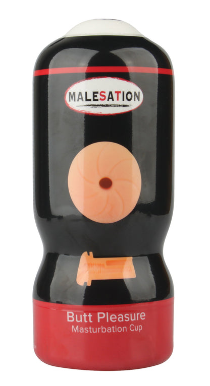 MALESATION Butt Pleasure – schwarz-rote Originalverpackung des Anal-Masturbators mit Produktabbildung, Markenlogo und Modellbezeichnung – erhältlich bei Evoria Care