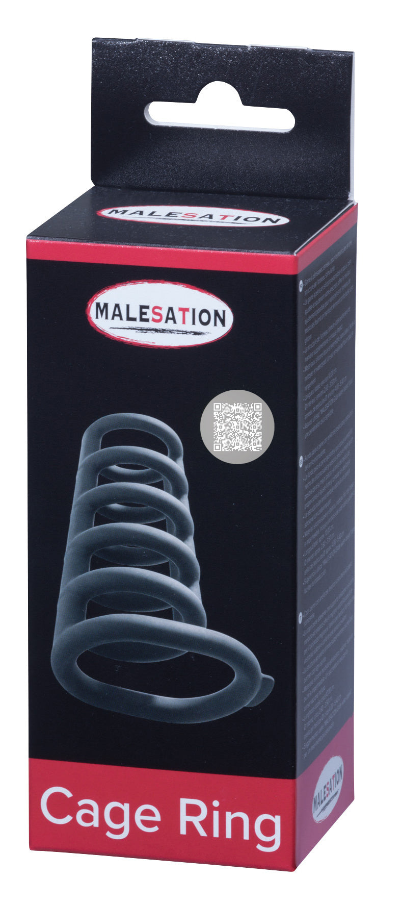 MALESATION Cage Ring – schwarz-rote Originalverpackung der elastischen Penishülle mit käfigartiger Ringstruktur, Produktabbildung, MALESATION Markenlogo und Modellbezeichnung Cage Ring – erhältlich bei Evoria Care