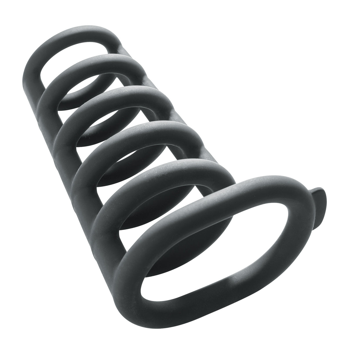 MALESATION Cage Ring – schwarze elastische Penishülle mit fünf verbundenen Ringelementen, offener Käfigstruktur und breitem Hodenring in schräger Produktansicht auf weißem Hintergrund – erhältlich bei Evoria Care