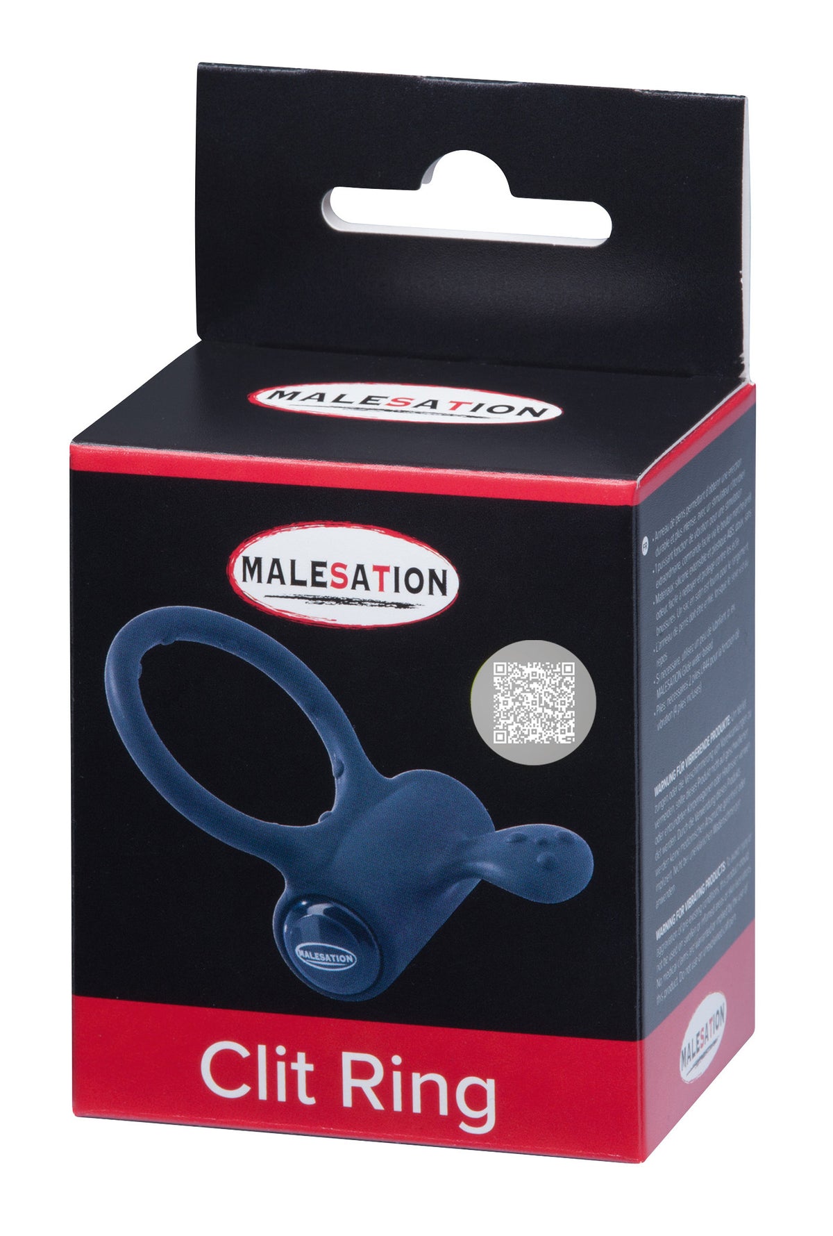 MALESATION Clit Ring – schwarz-rote Originalverpackung des Vibrationsrings mit Produktabbildung, MALESATION Markenlogo und Modellbezeichnung Clit Ring – erhältlich bei Evoria Care