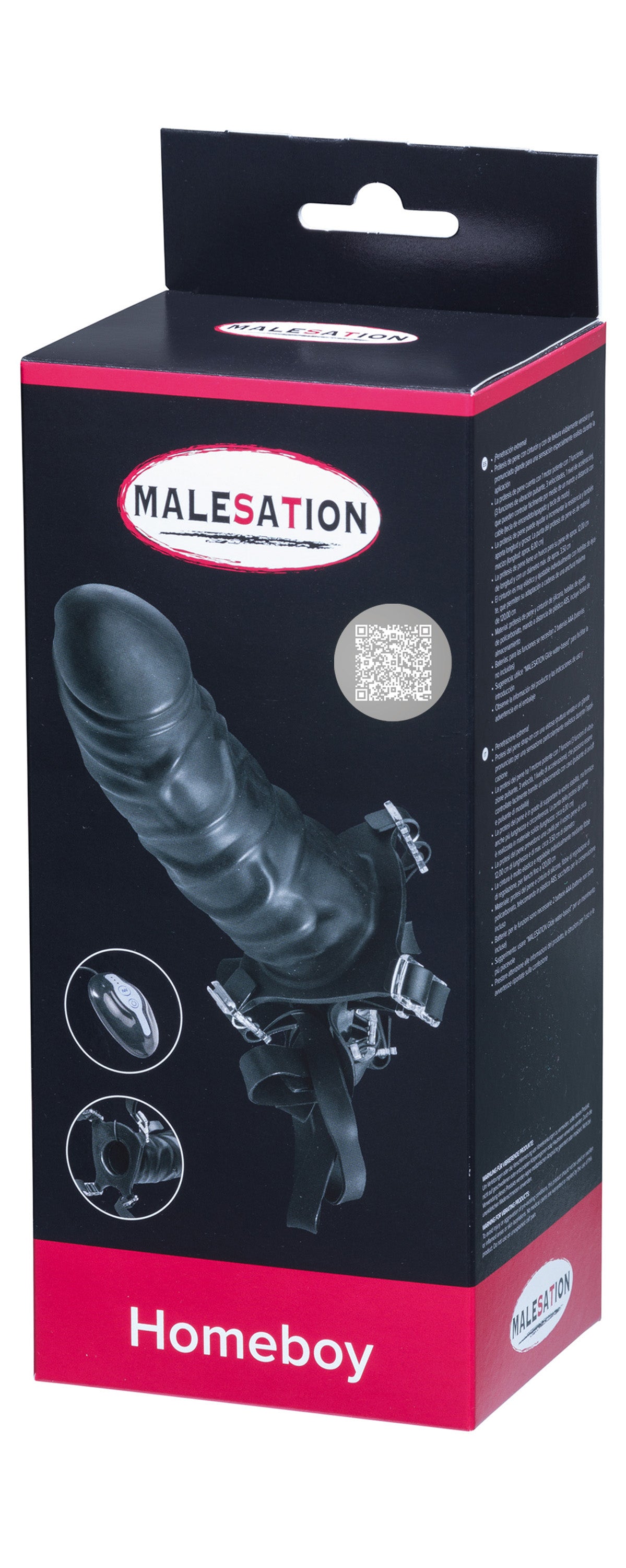 MALESATION Homeboy – schwarz-rote Originalverpackung des vibrierenden Strap-ons mit hohler Penisprothese, Produktabbildung, MALESATION Markenlogo und Modellbezeichnung Homeboy – erhältlich bei Evoria Care