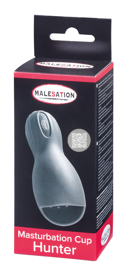 MALESATION Hunter – schwarz-rote Originalverpackung des vibrierenden Eichel-Masturbators mit Produktabbildung, Markenlogo und Modellbezeichnung Hunter – erhältlich bei Evoria Care