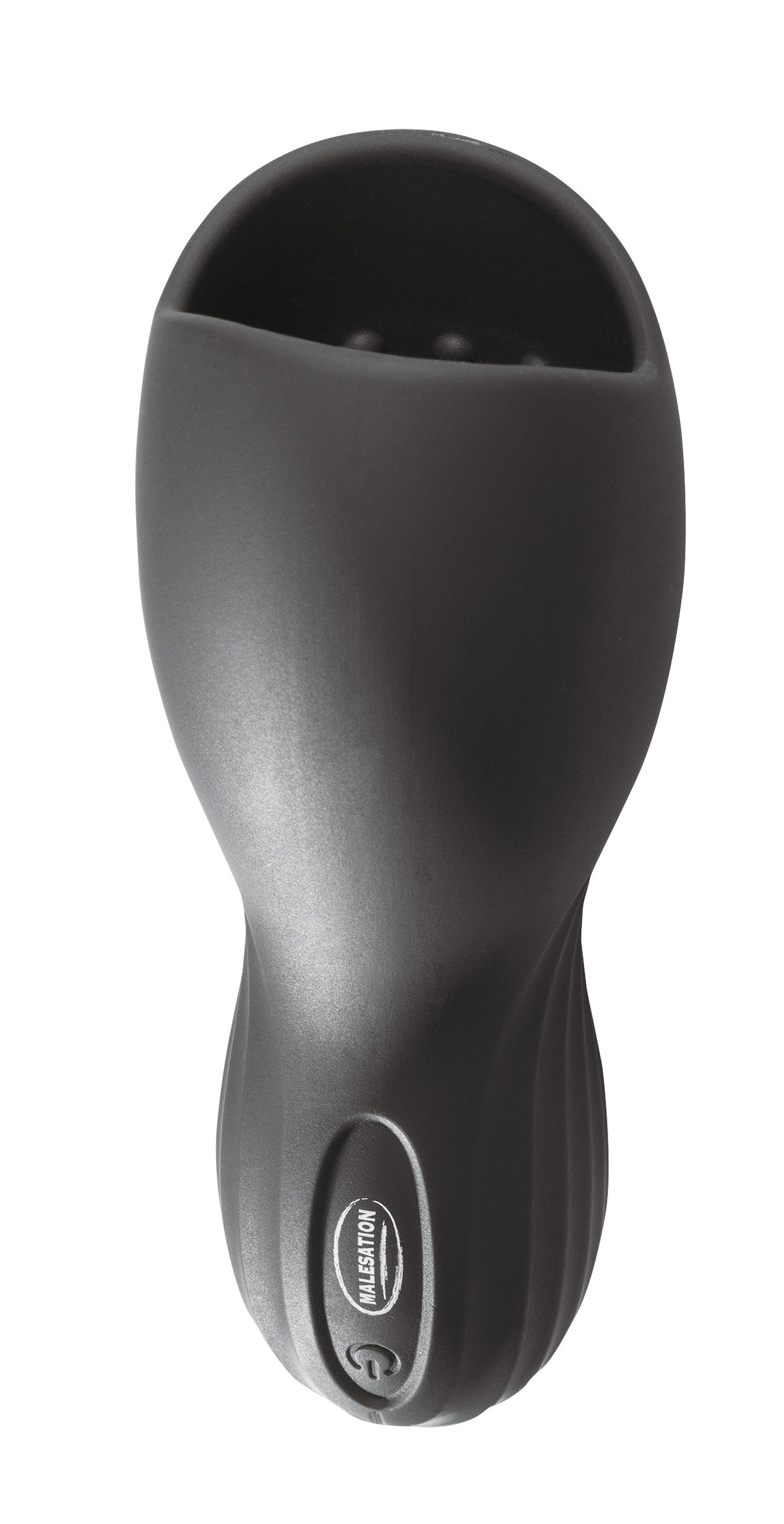 MALESATION Hunter – einzelner schwarzer Eichel-Masturbator mit Vibrationsfunktion, breiter ovaler Öffnung und ergonomisch geformtem Gehäuse auf weißem Hintergrund – erhältlich bei Evoria Care