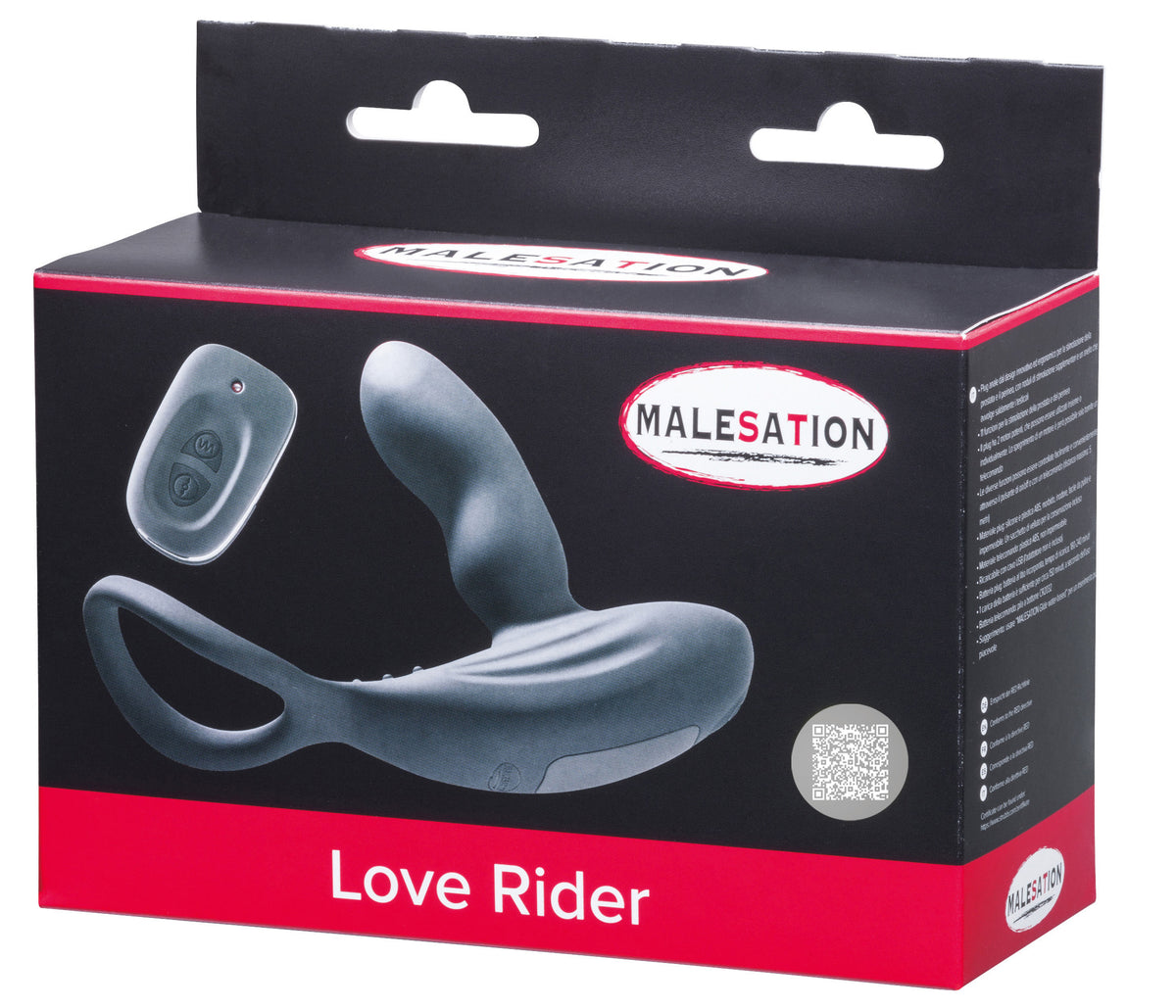 MALESATION Love Rider – schwarz-rote Originalverpackung des Prostatavibrators mit Produktabbildung, MALESATION Markenlogo und Modellbezeichnung Love Rider – erhältlich bei Evoria Care