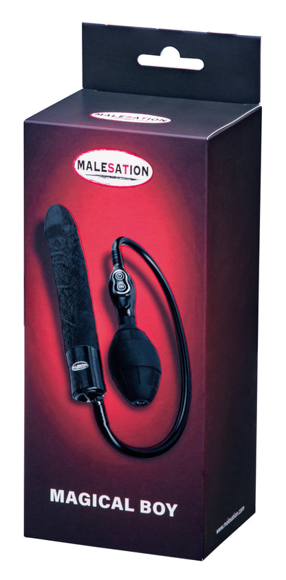 MALESATION Magical Boy – schwarz-rote Originalverpackung des aufblasbaren Vibrators mit Produktabbildung, MALESATION Markenlogo und Modellbezeichnung Magical Boy – erhältlich bei Evoria Care