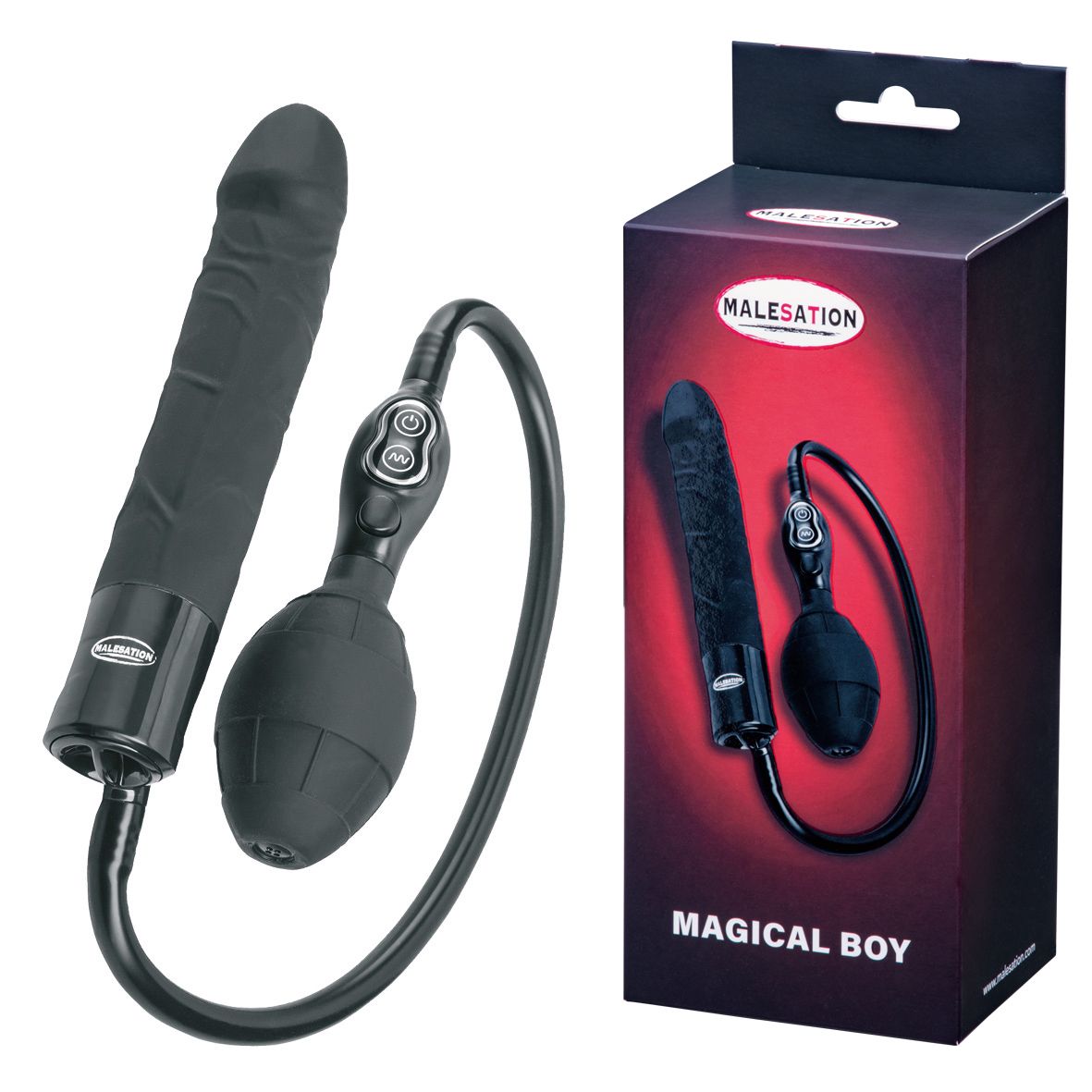 MALESATION Magical Boy – schwarzer aufblasbarer Vibrator mit sieben Funktionen, länglichem Stimulationsschaft, angeschlossenem Pumpschlauch und ovaler Handpumpe neben der schwarz-roten Originalverpackung – erhältlich bei Evoria Care
