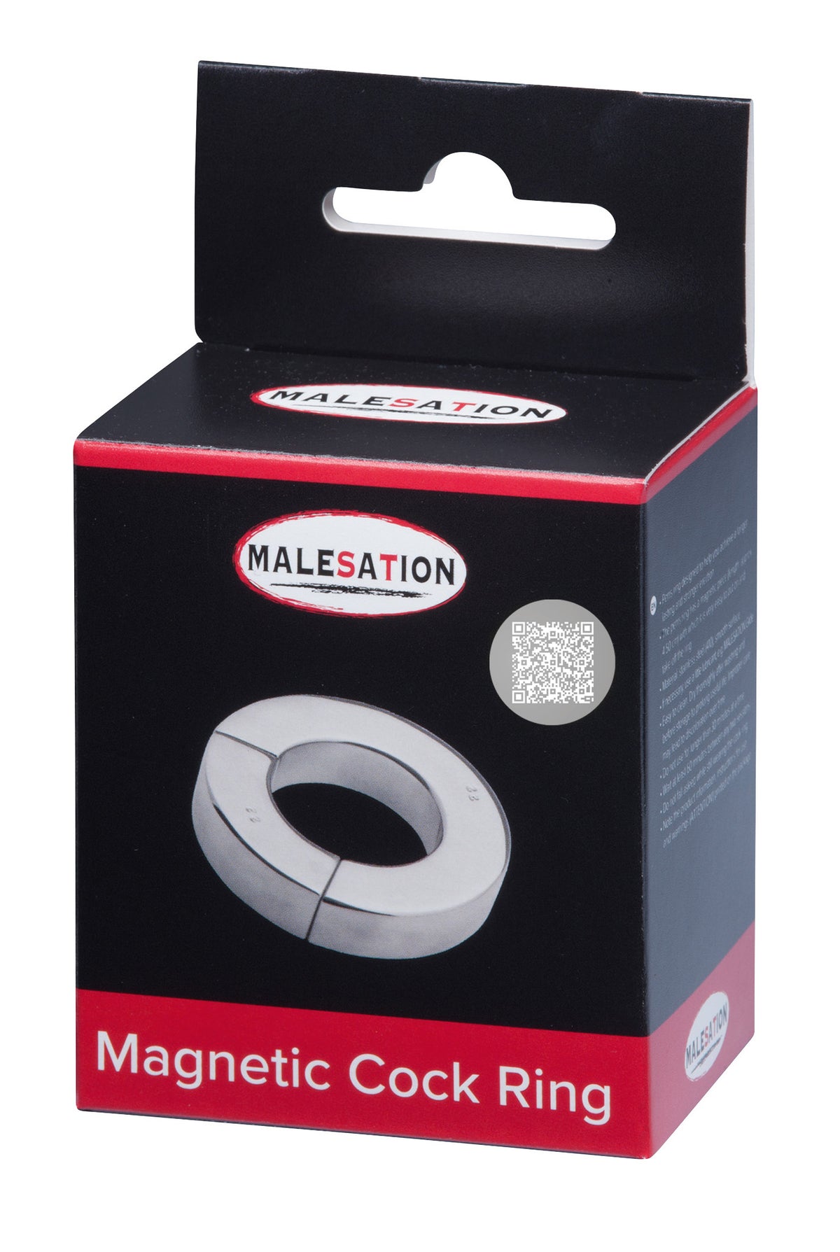 MALESATION Magnetic Cock Ring – schwarz-rote Originalverpackung des massiven Edelstahl-Penisrings mit Produktabbildung, MALESATION Markenlogo und Modellbezeichnung Magnetic Cock Ring – erhältlich bei Evoria Care