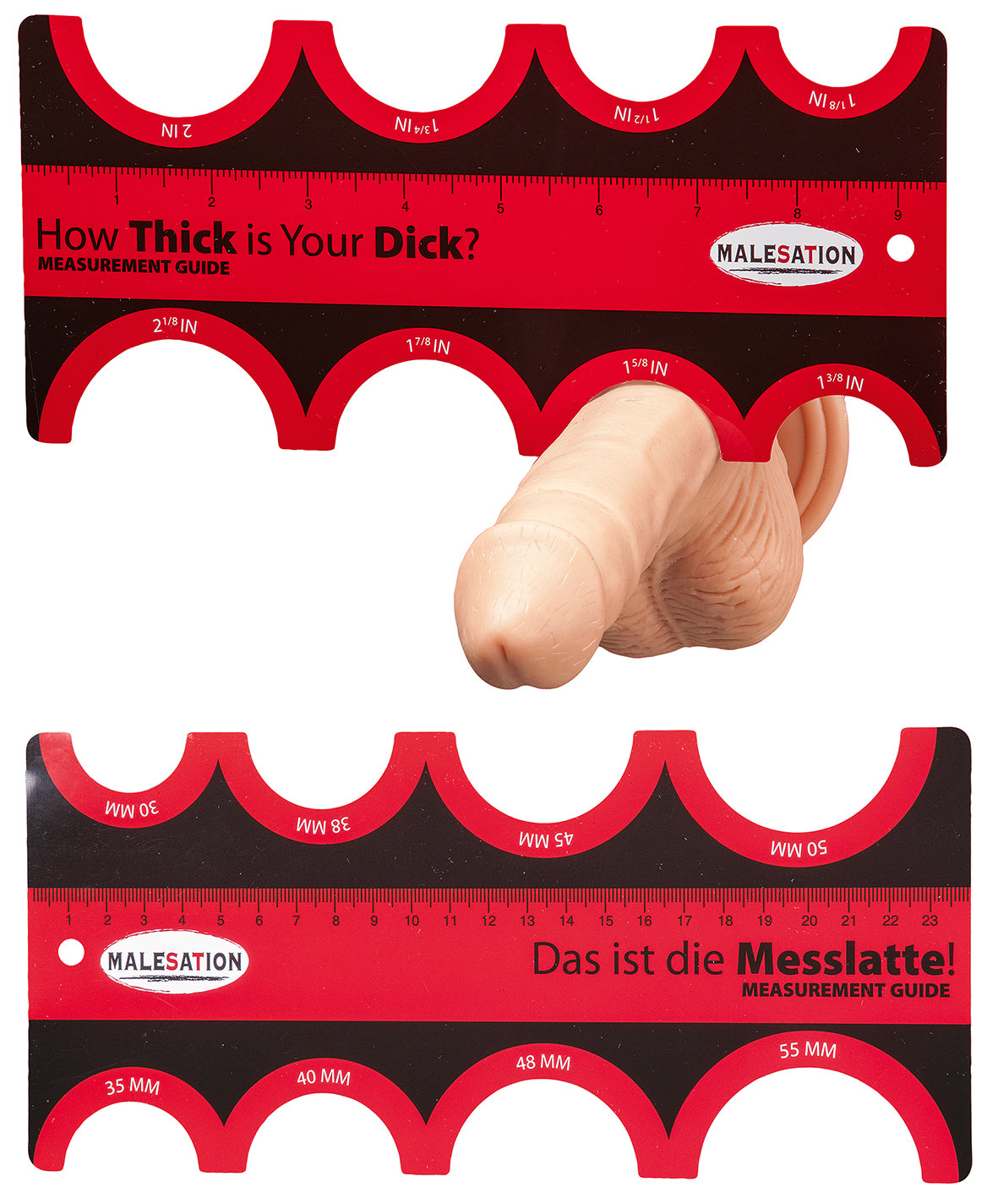 MALESATION Measurement Guide – rot-schwarze Penismesshilfe mit mehreren abgestuften Messöffnungen an der Ober- und Unterkante zur Größenbestimmung von Kondomen und Penisringen – erhältlich bei Evoria Care