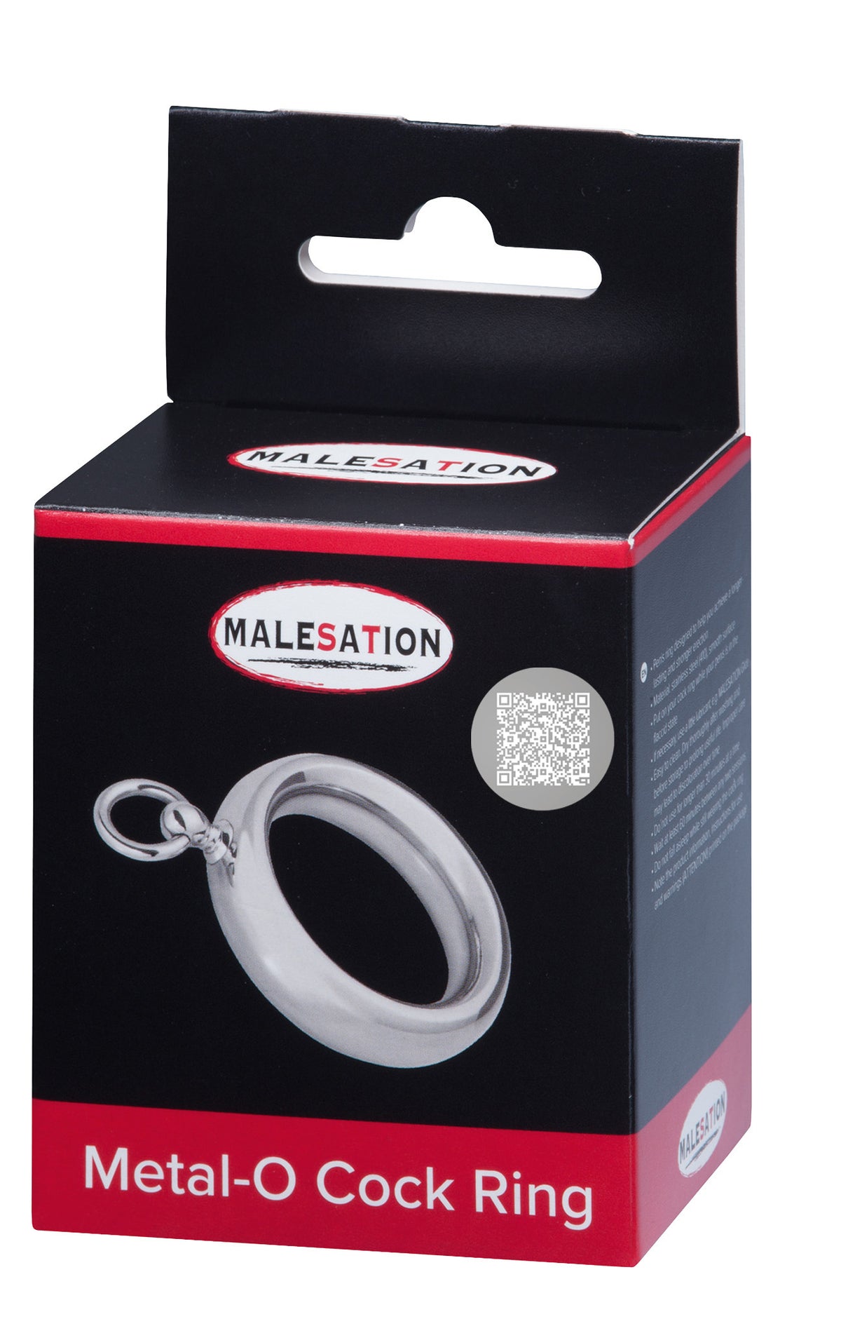 MALESATION Metal-O Cock Ring – schwarz-rote Originalverpackung des massiven Edelstahl-Penisrings mit Produktabbildung, MALESATION Markenlogo und Modellbezeichnung Metal-O Cock Ring – erhältlich bei Evoria Care
