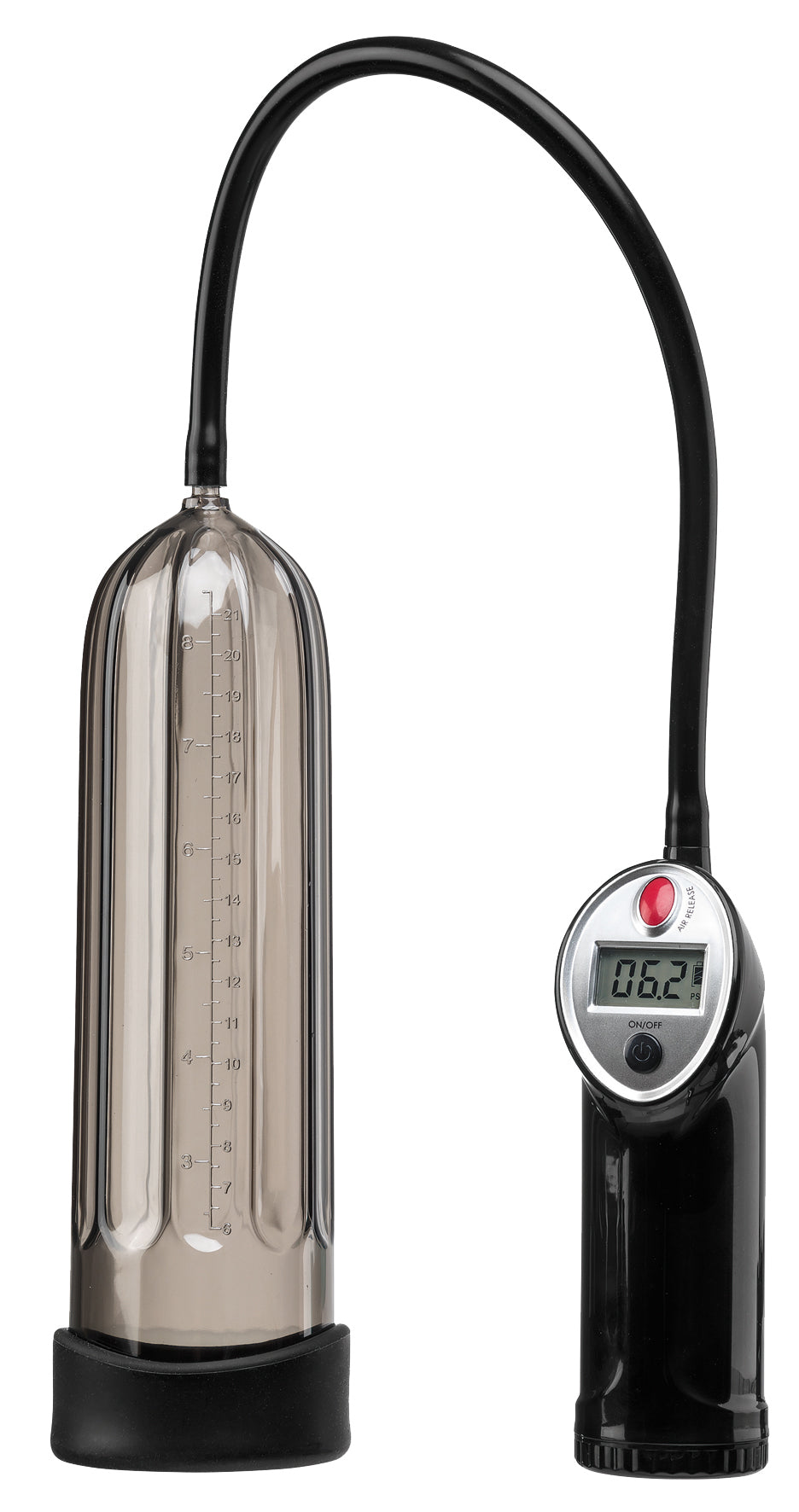 MALESATION Penis Pump de Luxe – elektrische Penispumpe mit transparentem Vakuumzylinder, schwarzem Verbindungsschlauch und separater Pumpeneinheit mit LCD-Druckanzeige auf weißem Hintergrund – erhältlich bei Evoria Care