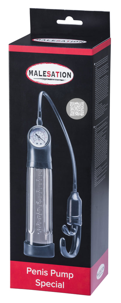 MALESATION Penis Pump Special – schwarz-rote Originalverpackung mit Markenlogo und Produktabbildung der Penispumpe mit PSI-Druckanzeige – erhältlich bei Evoria Care