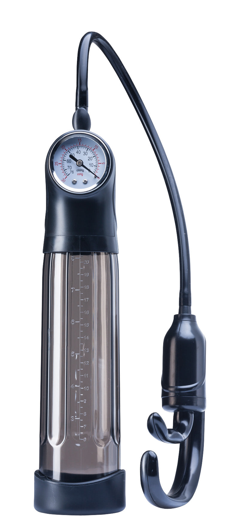 MALESATION Penis Pump Special – einzelne Penispumpe mit transparentem Vakuumzylinder, schwarzem Verbindungsschlauch und separater Handpumpe mit PSI-Druckanzeige auf weißem Hintergrund – erhältlich bei Evoria Care