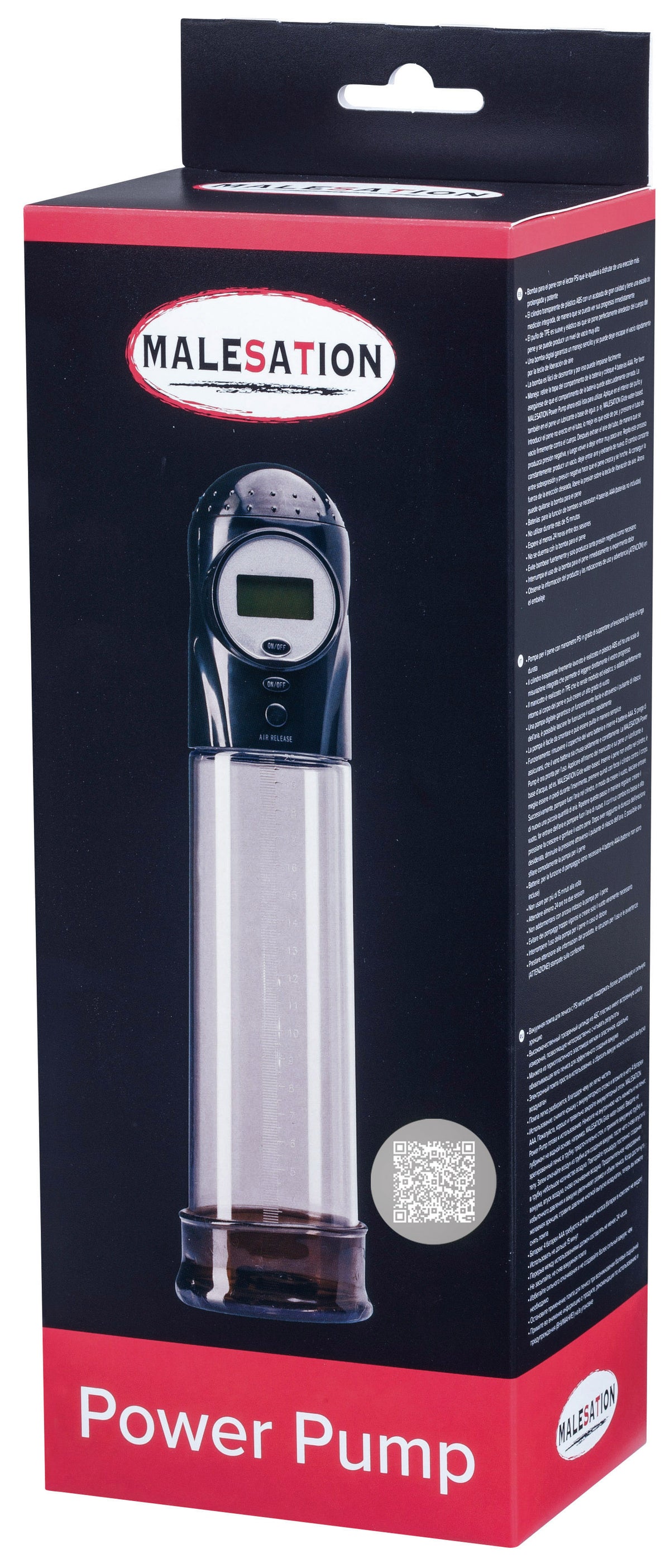 MALESATION Power Pump – schwarz-rote Originalverpackung mit Markenlogo und Abbildung der Penispumpe mit PSI-Druckanzeige – erhältlich bei Evoria Care