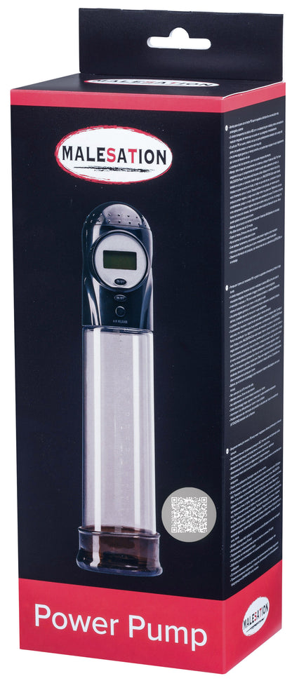 MALESATION Power Pump – schwarz-rote Originalverpackung mit Markenlogo und Abbildung der Penispumpe mit PSI-Druckanzeige – erhältlich bei Evoria Care
