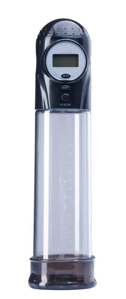 MALESATION Power Pump – einzelne Penispumpe mit langem transparentem Vakuumzylinder, schwarzem Pumpenkopf und integrierter PSI-Druckanzeige auf weißem Hintergrund – erhältlich bei Evoria Care
