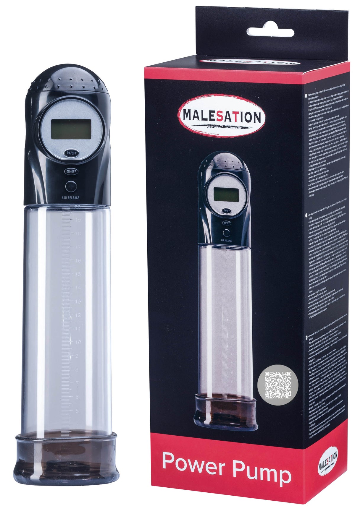 MALESATION Power Pump – weitere Gesamtansicht der Penispumpe mit PSI-Druckanzeige, transparentem Zylinder und schwarz-roter Produktverpackung – erhältlich bei Evoria Care