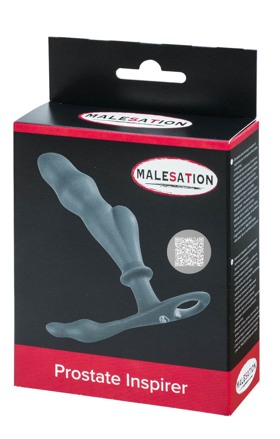 MALESATION Prostate Inspirer – schwarz-rote Originalverpackung des biegsamen Prostatastimulators mit Produktabbildung, MALESATION Markenlogo und Modellbezeichnung Prostate Inspirer – erhältlich bei Evoria Care