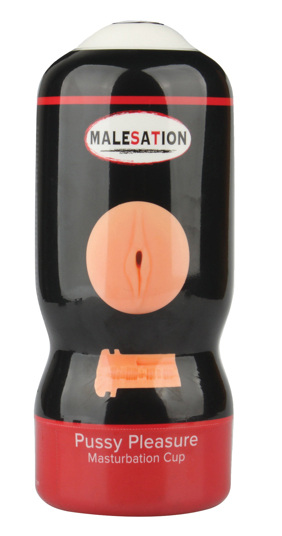 MALESATION Pussy Pleasure – schwarz-rote Originalverpackung des Vaginal-Masturbators mit Produktabbildung, Markenlogo und Modellbezeichnung Pussy Pleasure – erhältlich bei Evoria Care