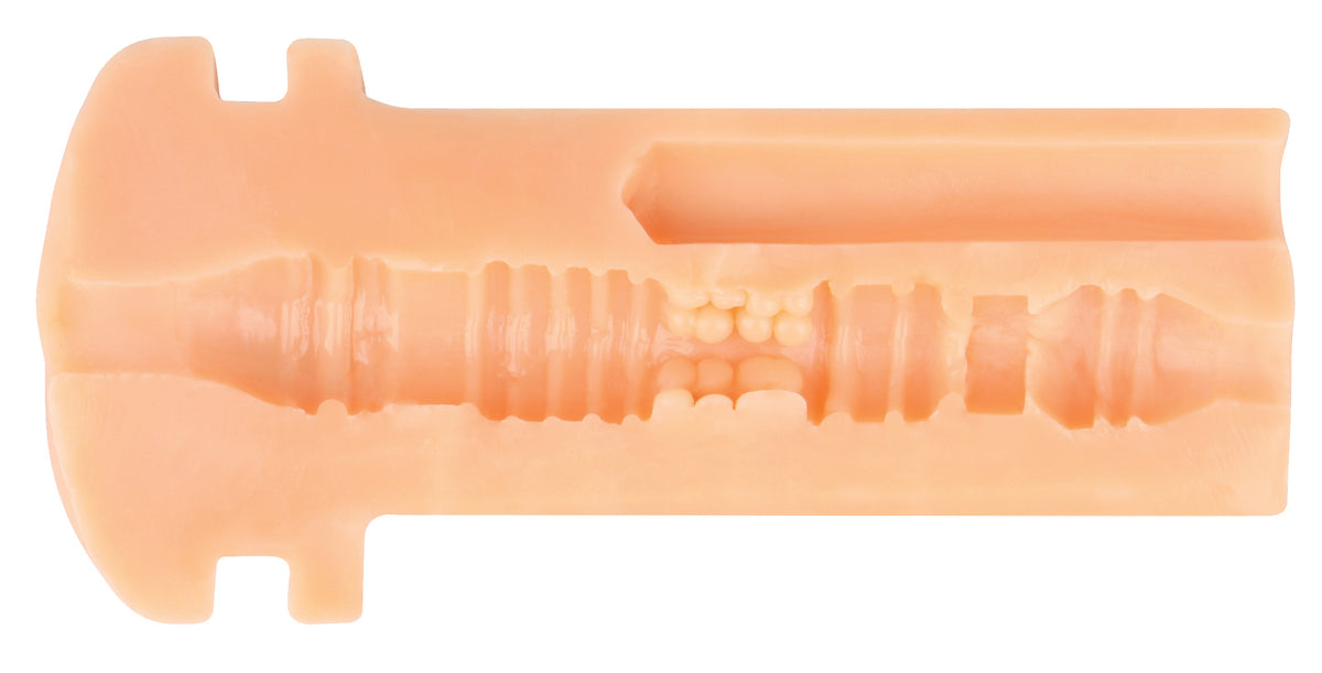MALESATION Pussy Pleasure – schematische Schnittdarstellung der hautfarbenen Masturbator-Innenhülse mit ausgeprägten Rillen und strukturiertem Stimulationskanal – erhältlich bei Evoria Care